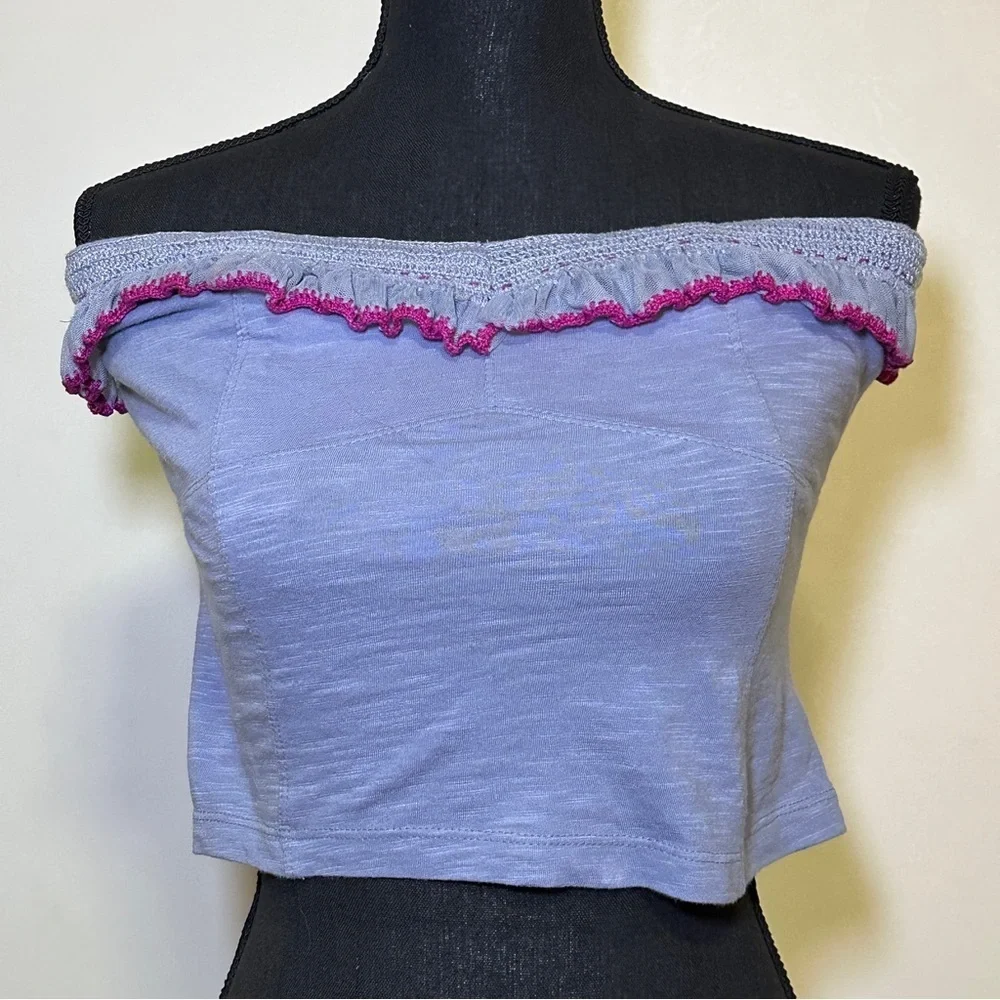 Free People Purple Float On Ruffle Off The Shoulder Crop Tube Top Lace Trim Boho